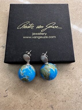 Vangeuze Blue Earth Globe Drop Earrings by Justin van Guze